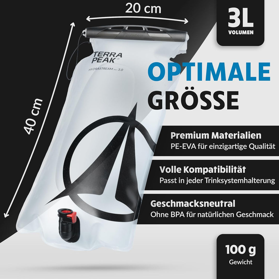 Terra Peak® Premium Trinkblase 2L oder 3L INKL. 2 x Schlauch & 1 x Reinigungsbürste für Rucksack, Wa