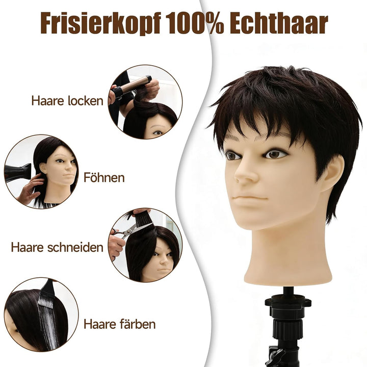 TwoWin 13 Zoll (33 cm) Frisierkopf Echthaar, Mann Friseurkopf Übungskopf 100% echthaar, Trainingskop