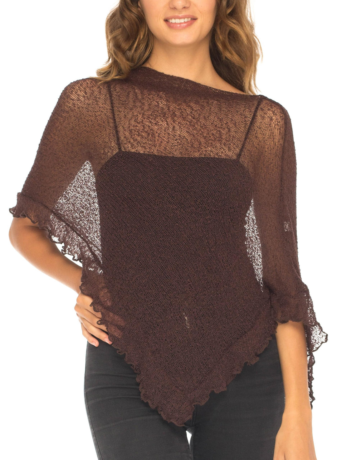 SHU-SHI - Damen Poncho-Top mit Rüschen - transparent - leichtes Strickmaterial Braun, Braun