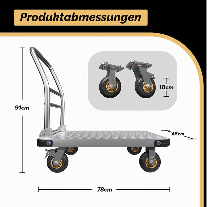 Transportwagen Klappbar 680 kg Tragfähigkeit, 78x48x91 cm Plattformwagen mit 10 cm Bremsrädern, Roll