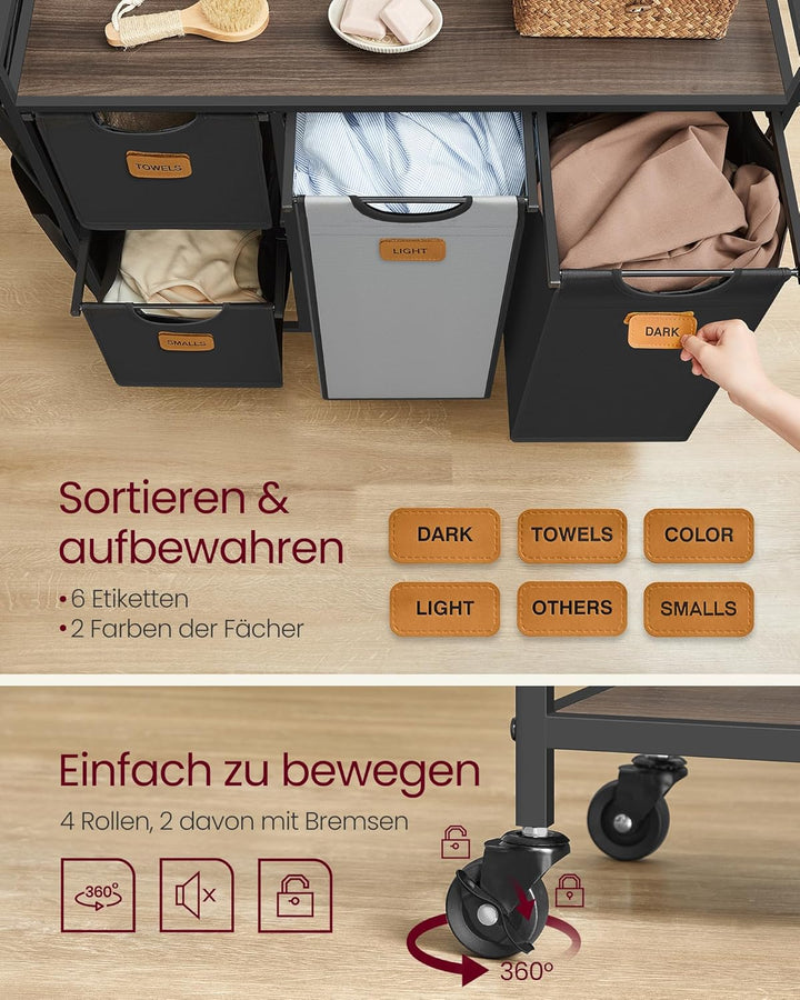 VASAGLE Wäschekorb, Wäschesammler, Wäschesortierer, Rollen, Wäschewagen mit Ablage, kleine seitliche