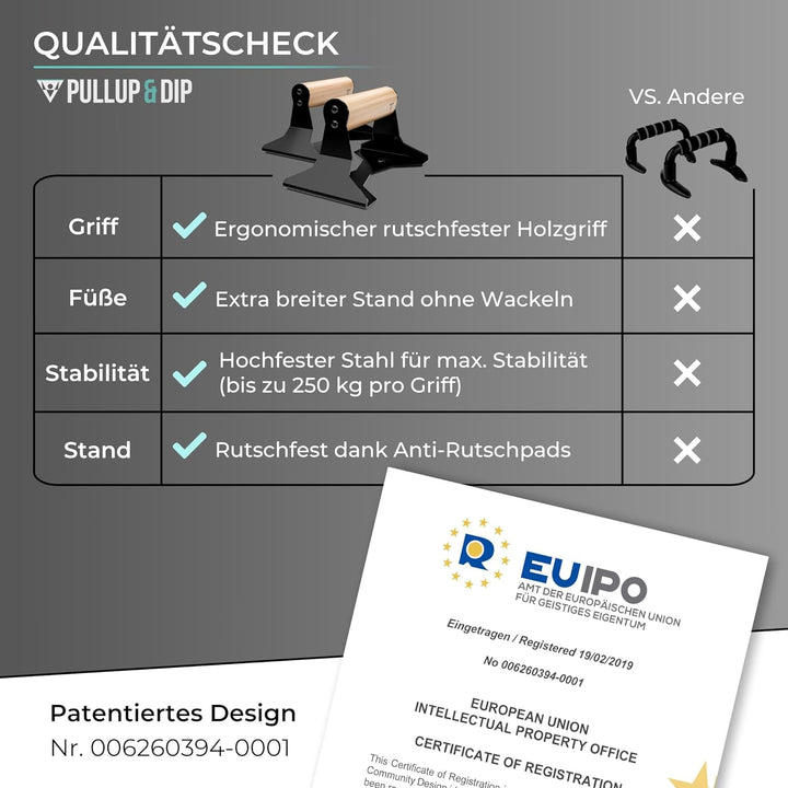 PULLUP & DIP Liegestützgriffe mit ergonomischem Holz Griff und hochbelastbarem Stahl - Rutschfeste P
