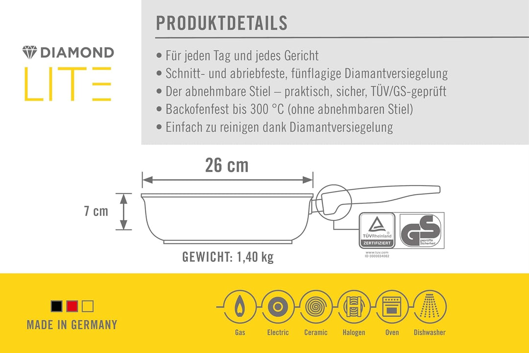 Woll Diamond Lite Hochrandpfanne, Ø 26 cm, 7 cm hoch, mit abnehmbarem Stiel - Geeignet für Ceran, Ga