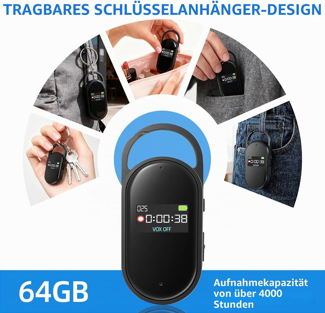 64 GB Digitales Diktiergerät - tragbarer Mini-Digitaler Audio-Aufnehmer mit Spracherkennung und MP3,