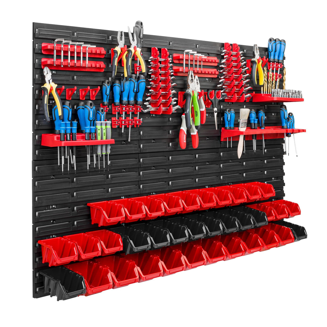 Lagersystem Werkstattregal | 117 x 78 cm | 34 stck. Box | Wandregal mit Werkzeughalterungen und Stap