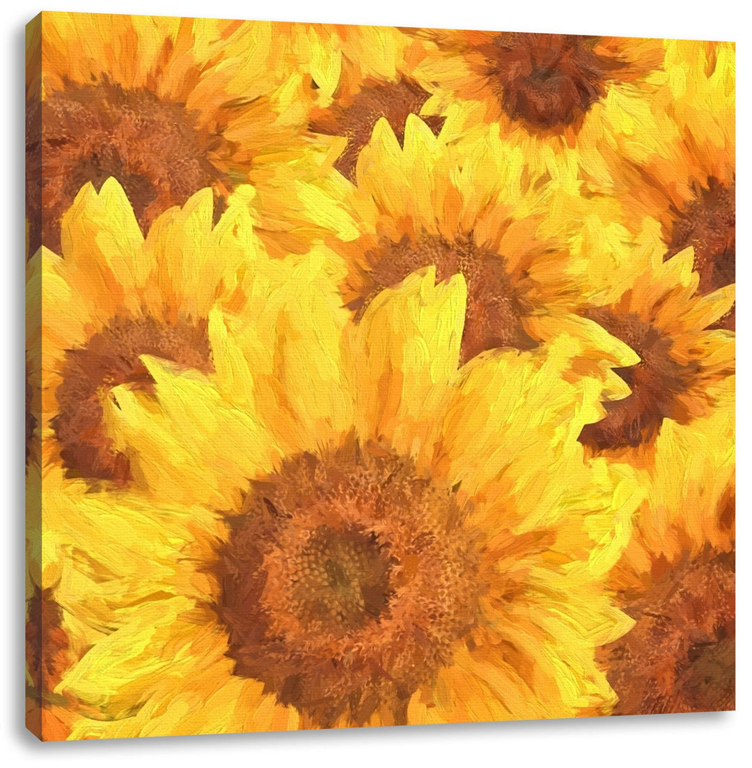 Pixxprint Grosse gelb leuchtende Sonnenblumen als Leinwandbild Quadratisch/Grösse: 70x70 / Wandbild/