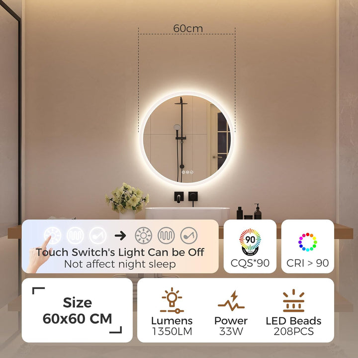 STARLEAD 60cm Runder-Badspiegel-mit-Beleuchtung, Bluetooth, Dimmbar, 3 Farbtemperatur, Entfoggen, Sp