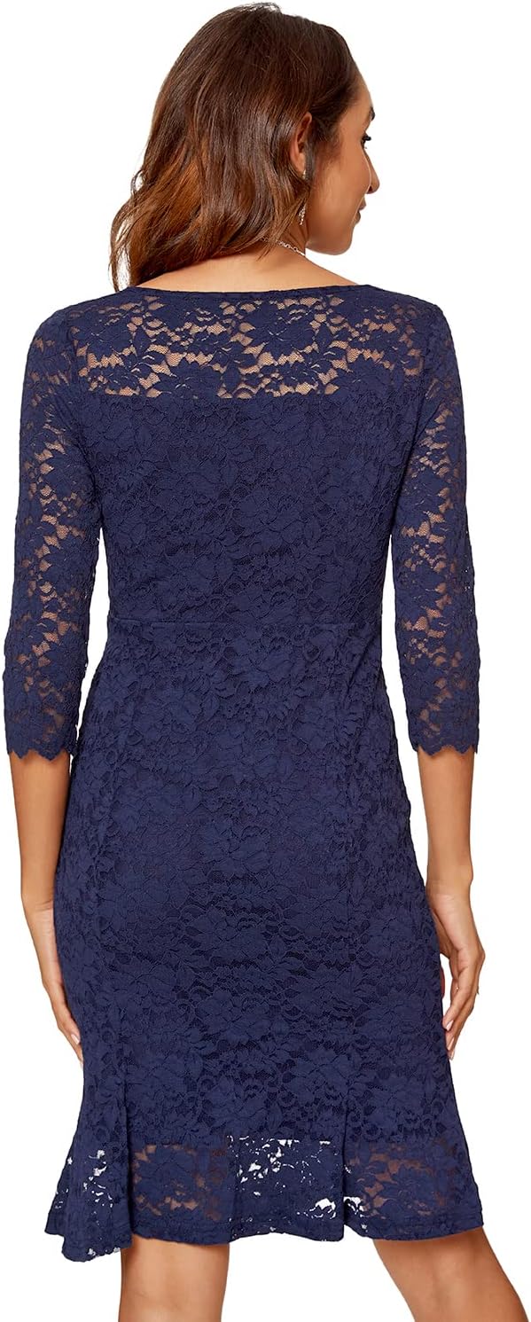 Atnlewhi Damen 3/4 Ärmel Kleid V-Ausschnitt Formeller Abend Bodycon Knielang Vintage Spitzenkleid El