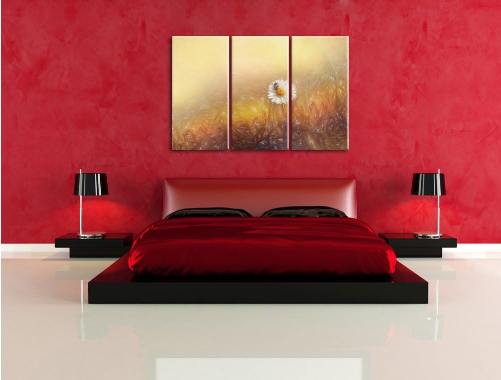Pixxprint Gänseblümchen Marienkäfer / 3-Teilig/Gesamtmass 120cm Leinwandbild bespannt auf Holzrahmen