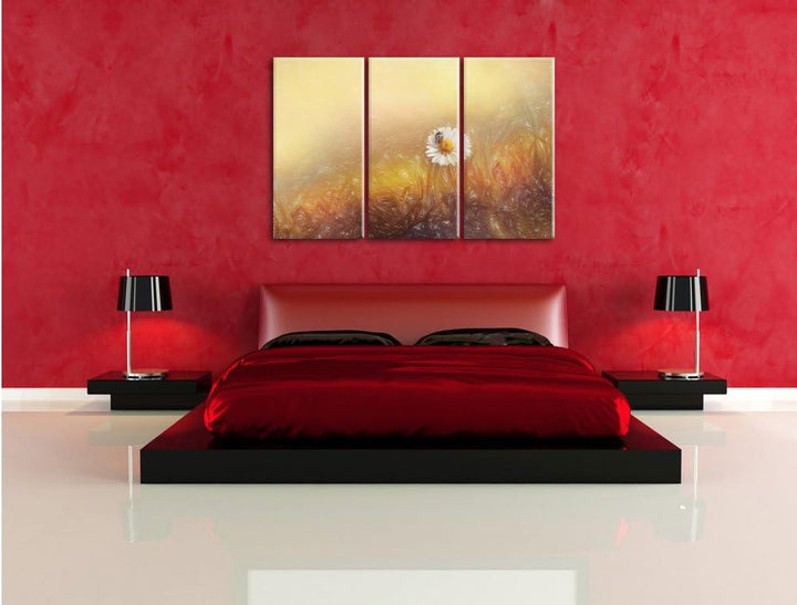 Pixxprint Gänseblümchen Marienkäfer / 3-Teilig/Gesamtmass 120cm Leinwandbild bespannt auf Holzrahmen
