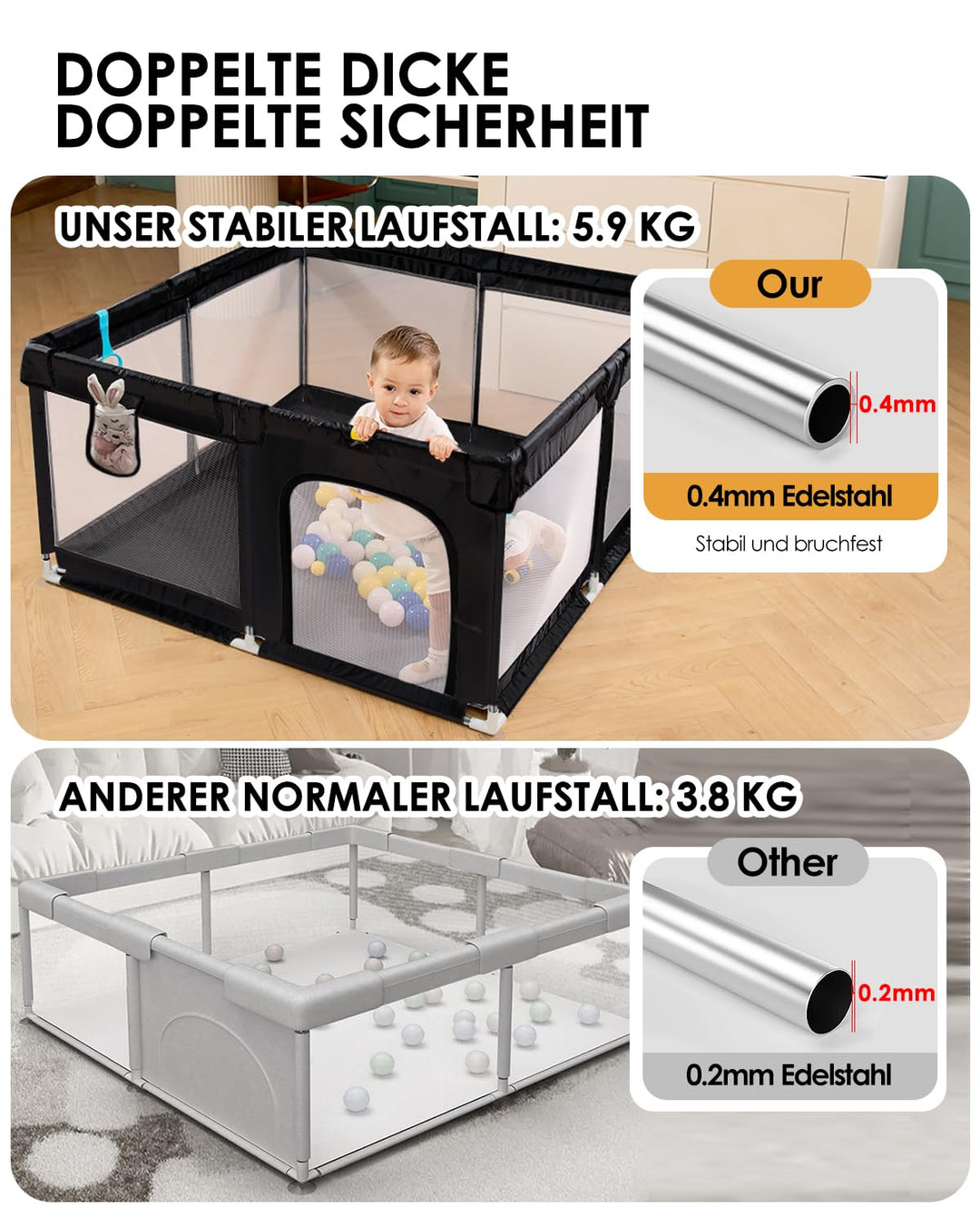 Laufstall Baby mit Spielmatte,Laufgitter Baby,Kinderzaun mit Atmungsaktivem Netz,Tragbarer Laufstall