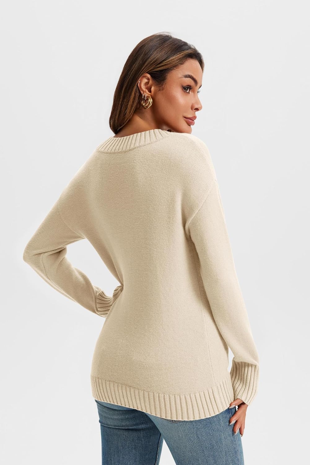 Wenrine Damen Pullover Winter Langarm V-Ausschnitt Strickpullover Sexy Lose Einfarbig S Beige, S Bei