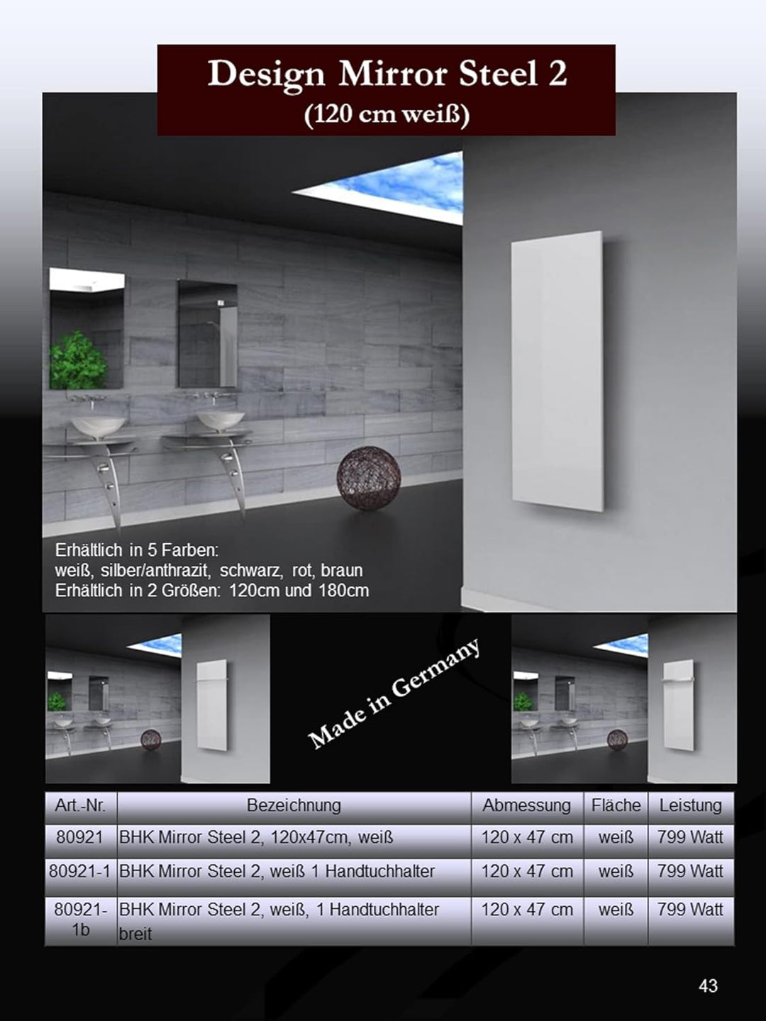 BADHEIZKÖRPER Design Mirror Steel 2 120x47cm 799 W weiss +1 Halter 30mm SZAGATO Handtuchwärmer Handt