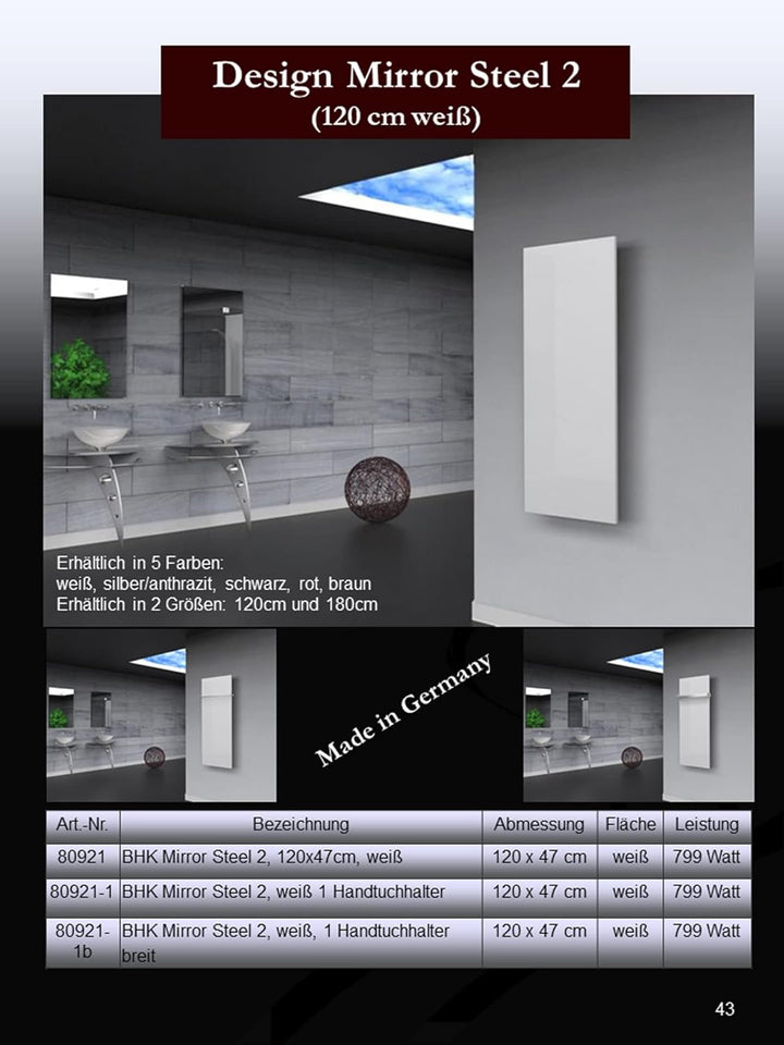 BADHEIZKÖRPER Design Mirror Steel 2 120x47cm 799 W weiss +1 Halter 30mm SZAGATO Handtuchwärmer Handt