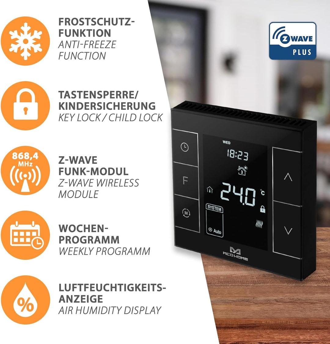 MCO Home Z-Wave Raumthermostat MH7H-EH für Fussbodenheizung & Infrarot-Heizung/Z-Wave Smarthome komp