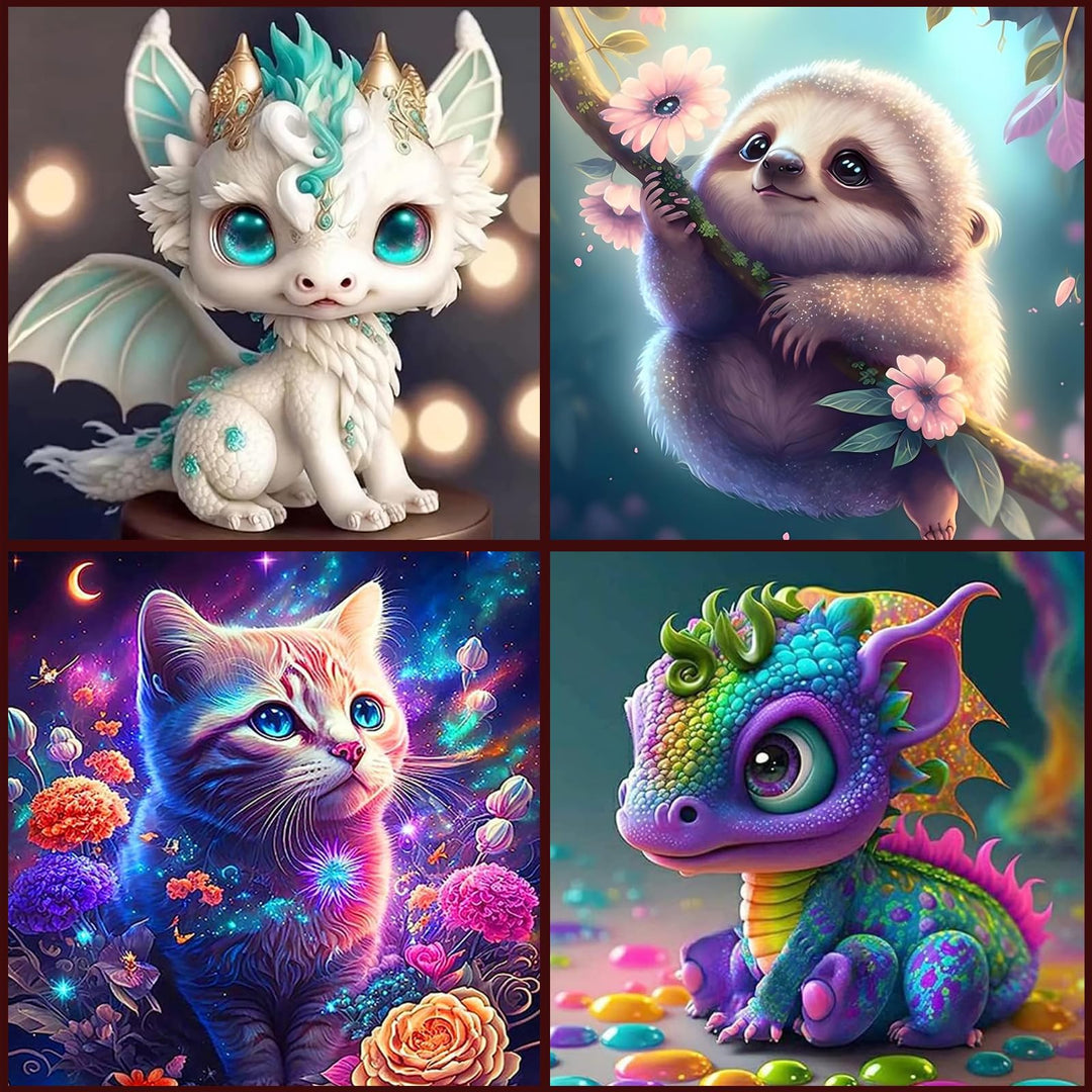 KEYRANKE 4er Diamond Painting Kinder Kleine Bilder, Diamant Painting Bilder Set Tiere Katze Faultier