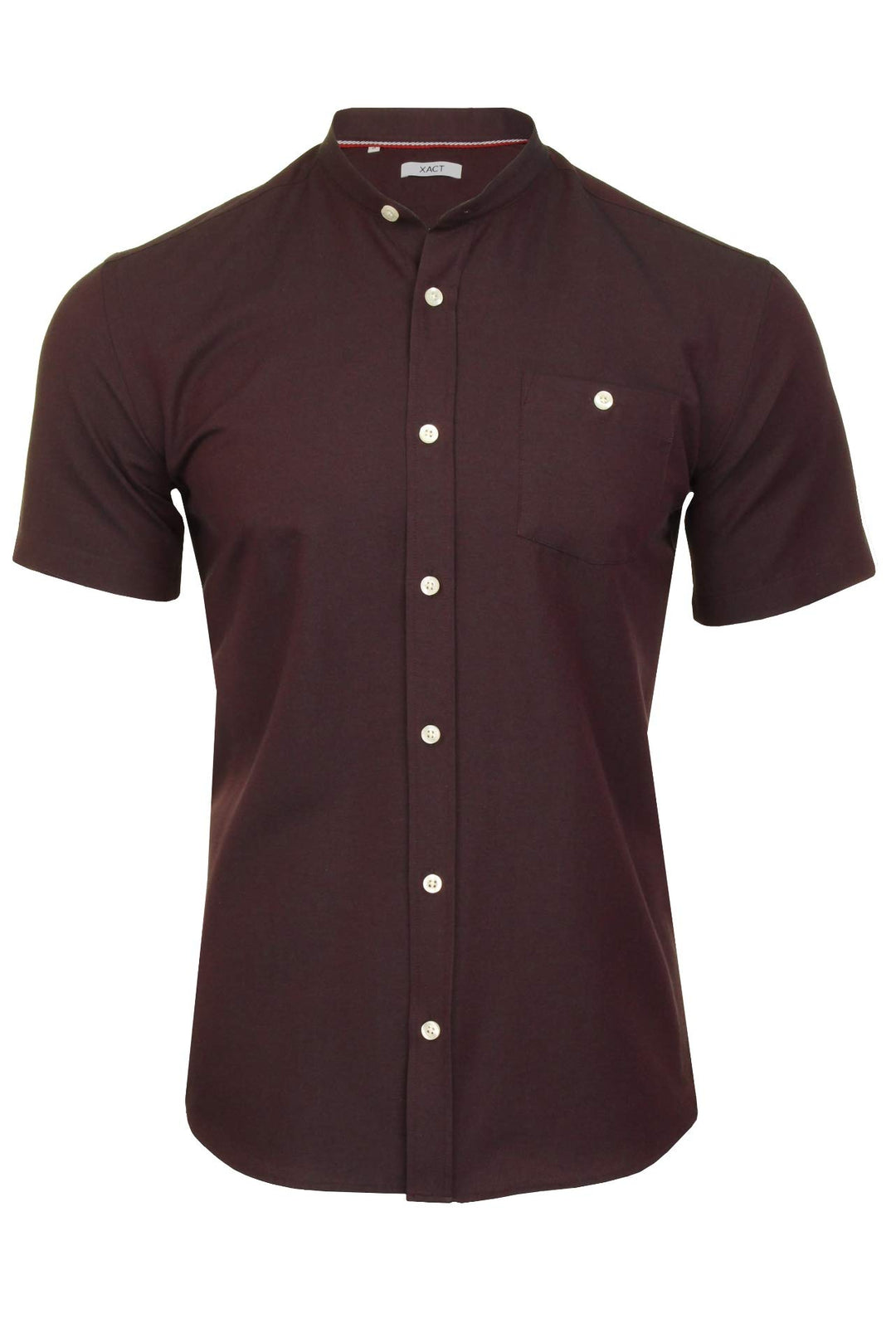 Xact Herren Oxford Grandad-Mandarinkragen Kurzarmhemd XL Dark Burgundy, XL Dark Burgundy