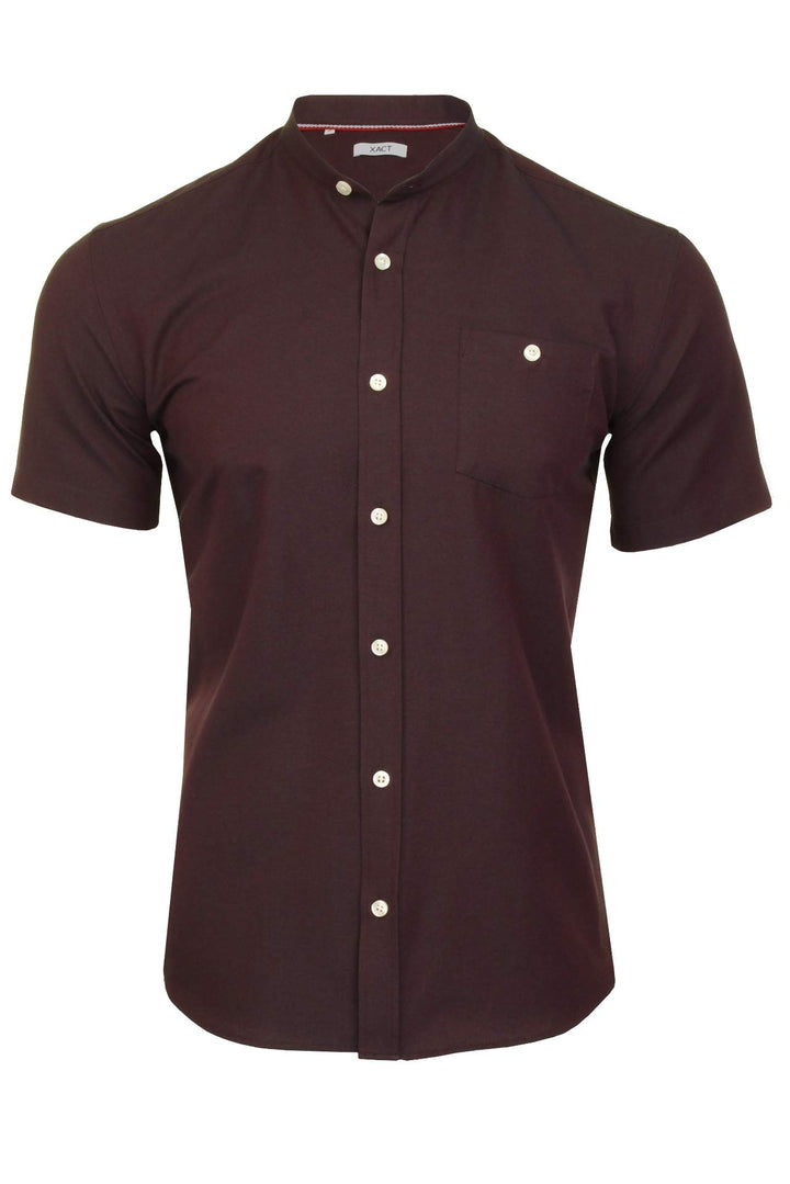 Xact Herren Oxford Grandad-Mandarinkragen Kurzarmhemd XL Dark Burgundy, XL Dark Burgundy
