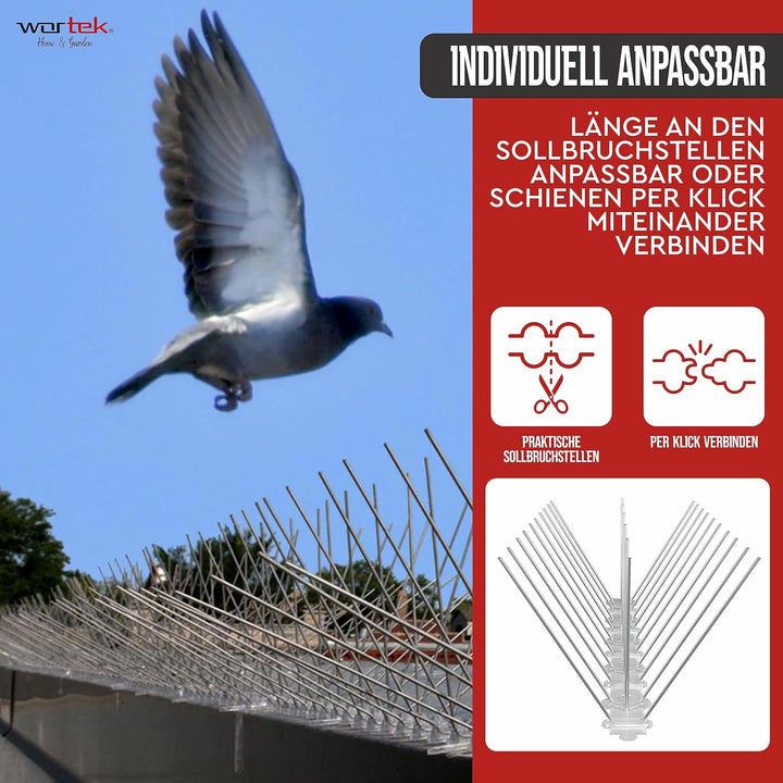 wortek Taubenabwehr Spikes Vogelabwehr Spikes - Edelstahl 9 Meter mit Sollbruchstellen - Tierfreundl