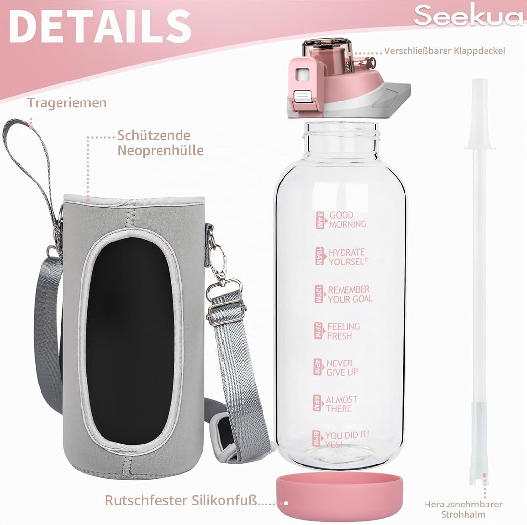 Seekua 2l Sport Trinkflasche Glas Flasche mit Strohhalm &amp; Zeitmarkierung auslaufsicher bpa frei 2 li