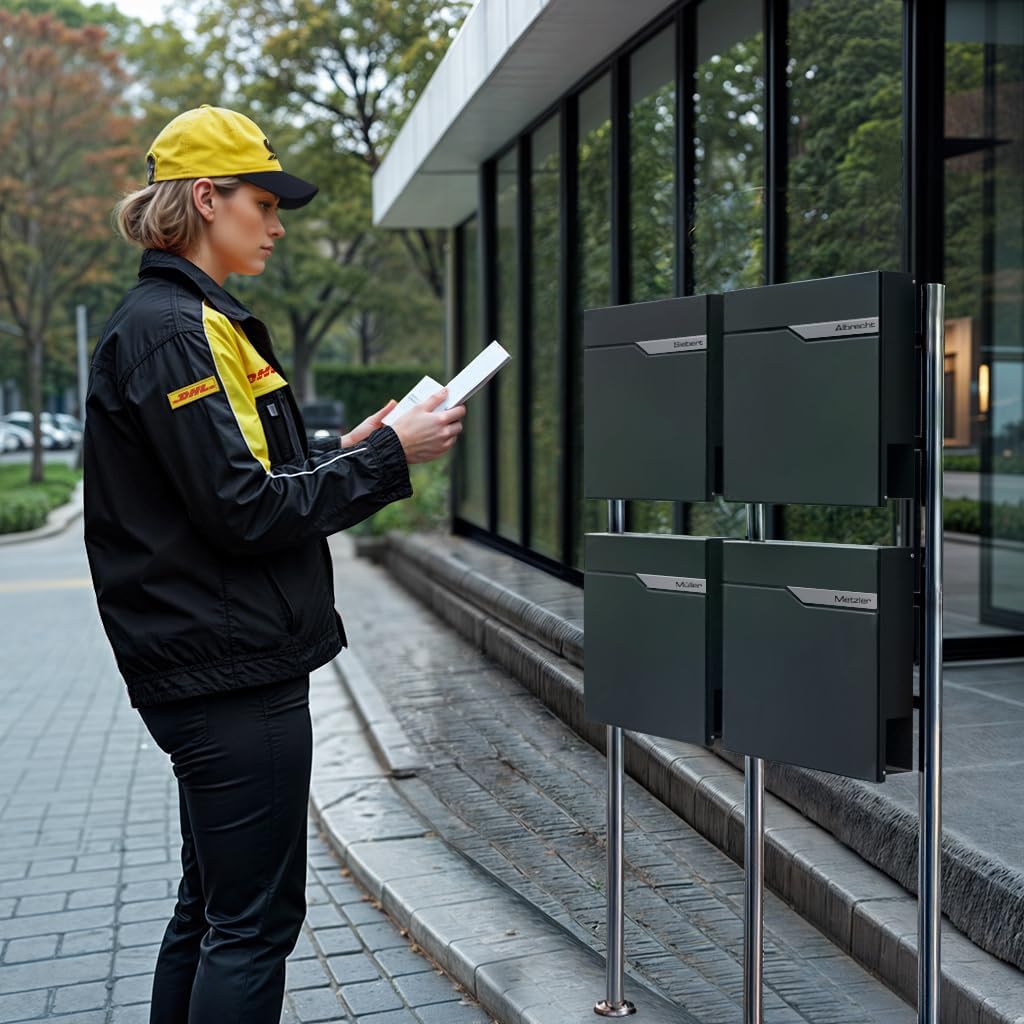 Metzler 4er Standbriefkasten in Anthrazit RAL 7016 - Pulverbeschichtet &amp; mit Zeitungsfach - Inkl. Ed
