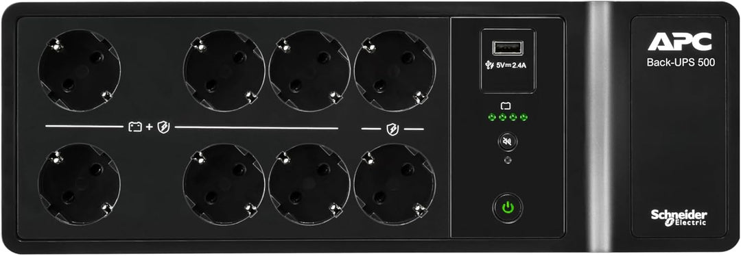 APC UPS für Zuhause, 500VA UPS Batterie-Backup mit AVR, 8X CEE 7/3 Schuko outlets(1) USB-Ladeanschlu