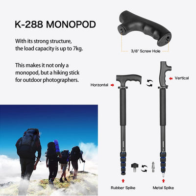koolehaoda Aluminium-Kamera-Einbeinstativ und Alpenstock mit Griff, 5-Bein-Abschnitte, 7 kg Tragkraf