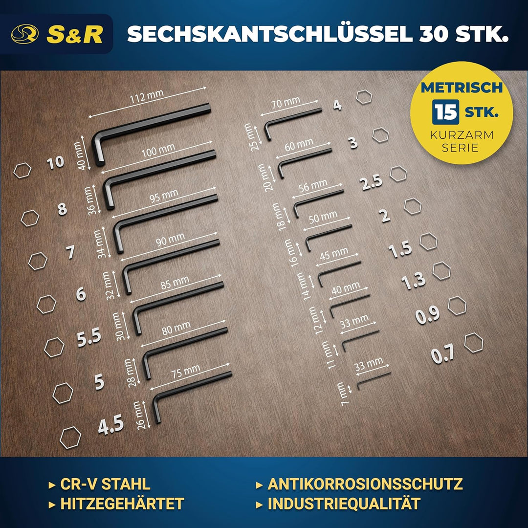 S&amp;R Innensechskantschlüssel Satz HX, 30-tlg. 0,7-10 mm Metrisch und 0,028 bis 3/8 Zoll, speziell geh
