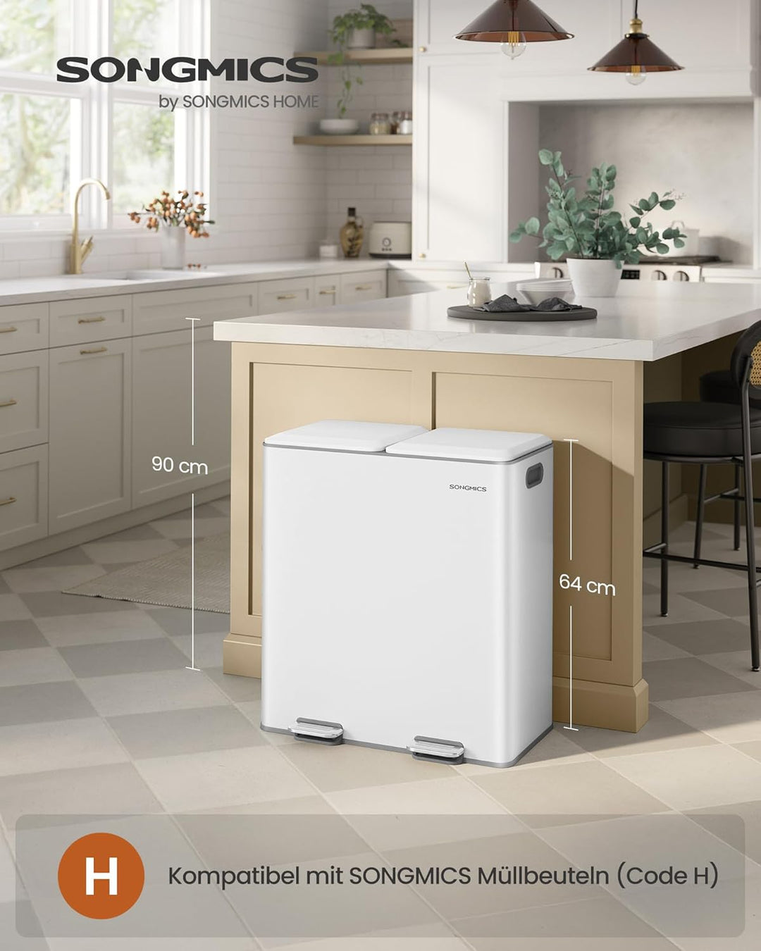 SONGMICS Mülleimer Küche, 2 x 30 L, 2 Fächer, Mülltrennsystem, Softclose, herausnehmbare Inneneimer,