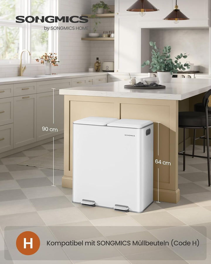 SONGMICS Mülleimer Küche, 2 x 30 L, 2 Fächer, Mülltrennsystem, Softclose, herausnehmbare Inneneimer,