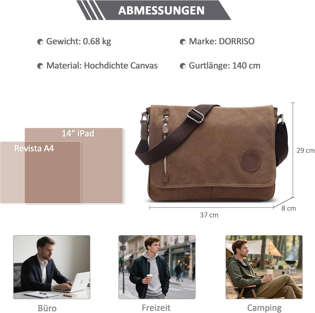 DORRISO Mode Umhängetasche Herren Schultertasche Canvas Schultertaschen für 14 Zoll Laptop Kuriertas
