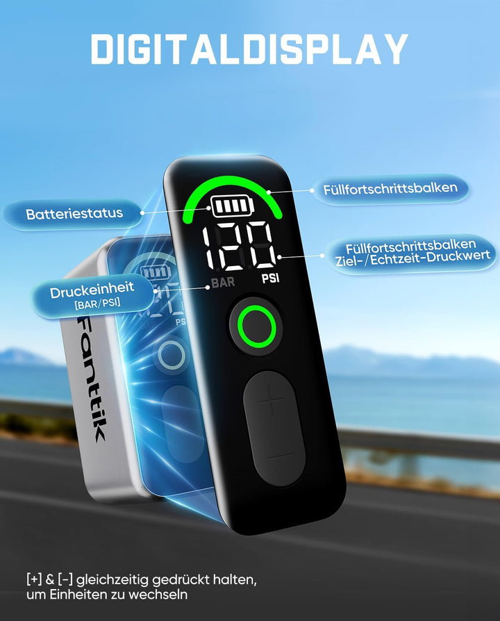 Fanttik X10 Ace Tiny Fahrradpumpe, Mini Elektrische Fahrradluftpumpe | digitaler Manometer, Auto-Sto