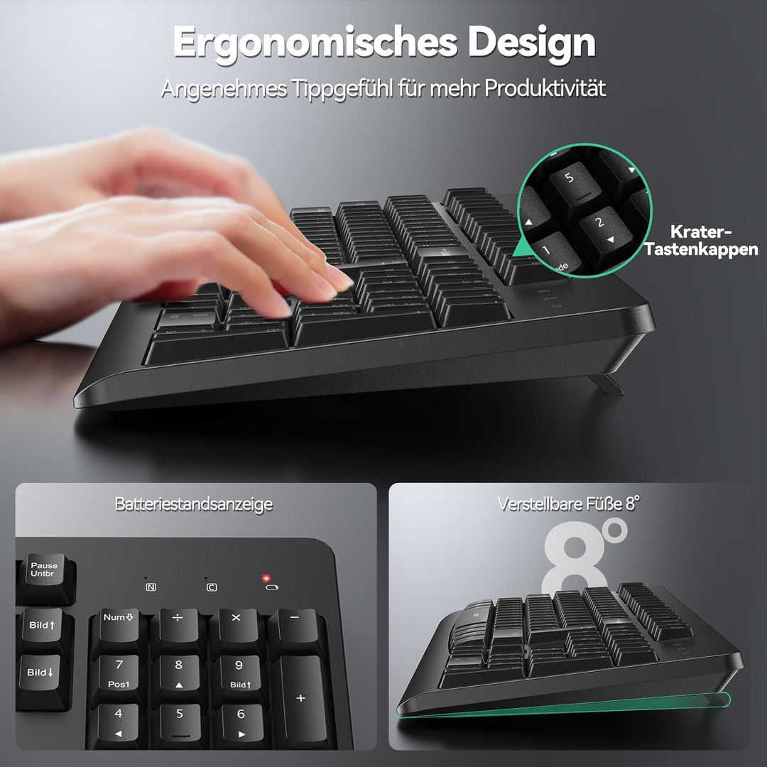 TECKNET Tastatur Maus Set Kabellos, QWERTZ Layout Funktastatur mit Maus, Vollformat, Spritzwasserges
