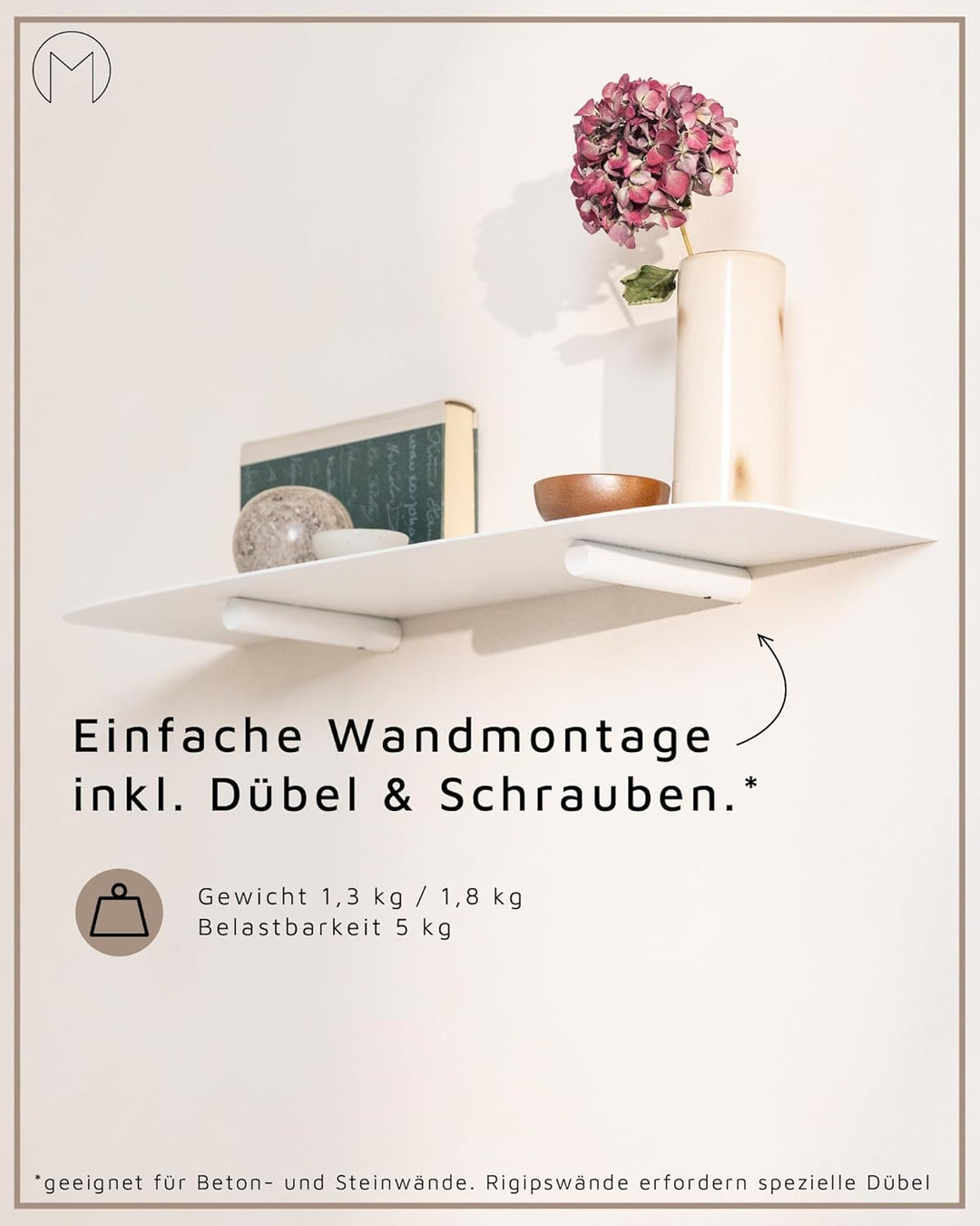 Metallbude Wandregal LENN - Weiss - Modernes, minimalistisches Metallregal mit Wandmontage- Kratz-,