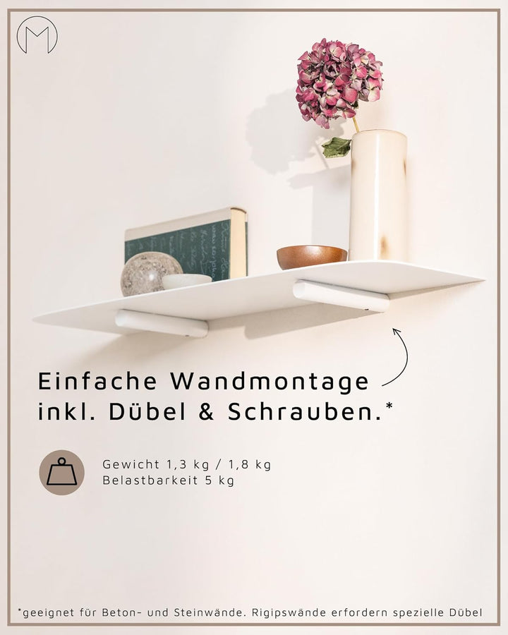Metallbude Wandregal LENN - Weiss - Modernes, minimalistisches Metallregal mit Wandmontage- Kratz-,