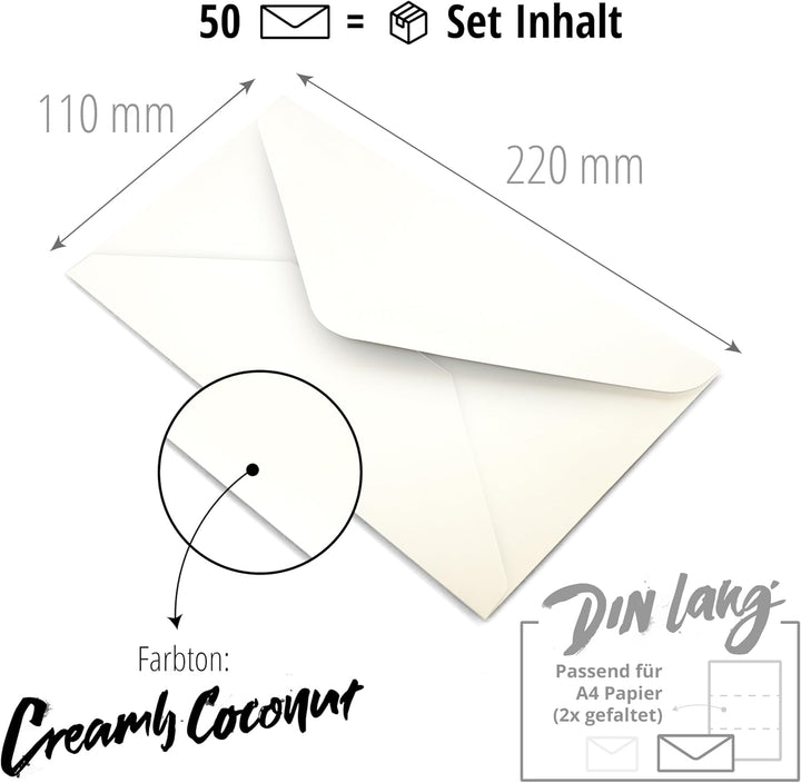 Japun – Briefumschläge (50 Stück), Kuvert, Umschlag ohne Fenster - DIN lang - 220 x 110 mm - innen: