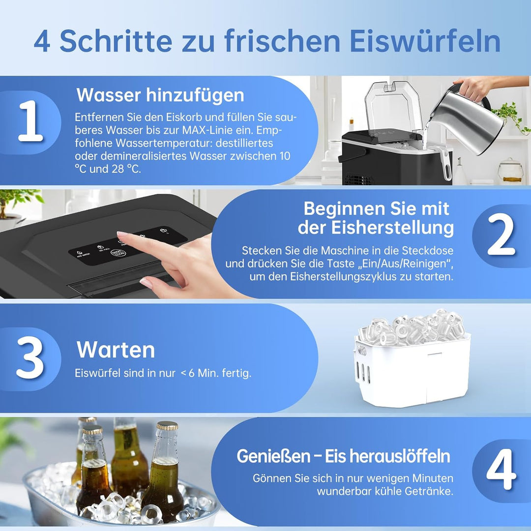 WIE Eiswürfelmaschine Kleine Eiswürfelbereiter mit Schaufel 9 Würfel in 6 Minuten 1,3L Ice Maker Sel