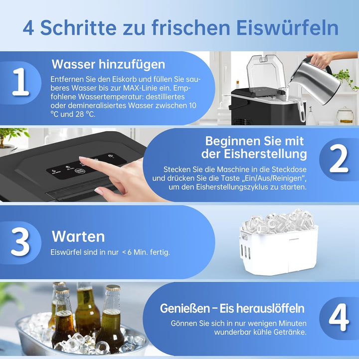 WIE Eiswürfelmaschine Kleine Eiswürfelbereiter mit Schaufel 9 Würfel in 6 Minuten 1,3L Ice Maker Sel