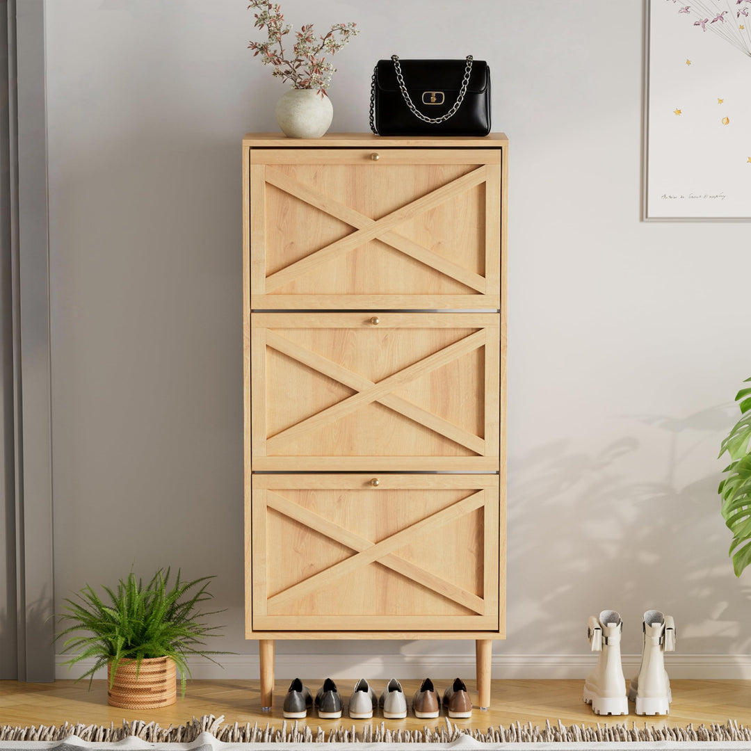 VDNEND Schuhschrank Holz Schmal & Hoch mit 3 Klappschubladen, Schuhkipper Platzsparender Schuhschran