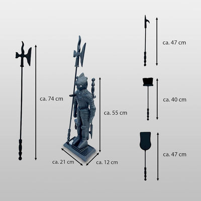 Kamingarnitur Kaminbesteck Kaminset Ofenbesteck Tiefschwarz Modell Ritter Ritterrüstung 4-tlg schwar