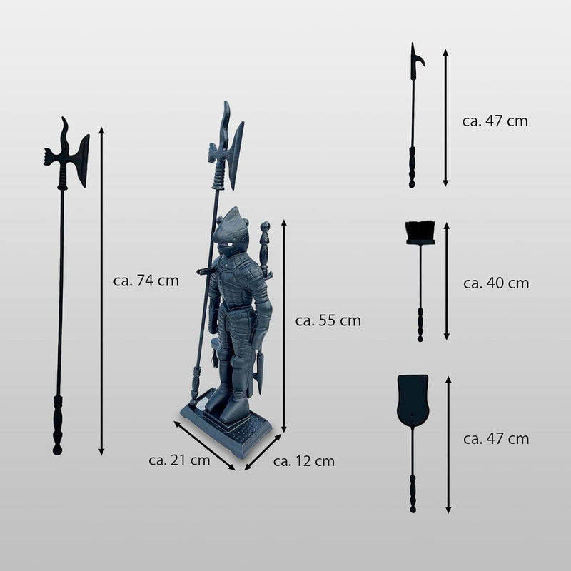 Kamingarnitur Kaminbesteck Kaminset Ofenbesteck Tiefschwarz Modell Ritter Ritterrüstung 4-tlg schwar