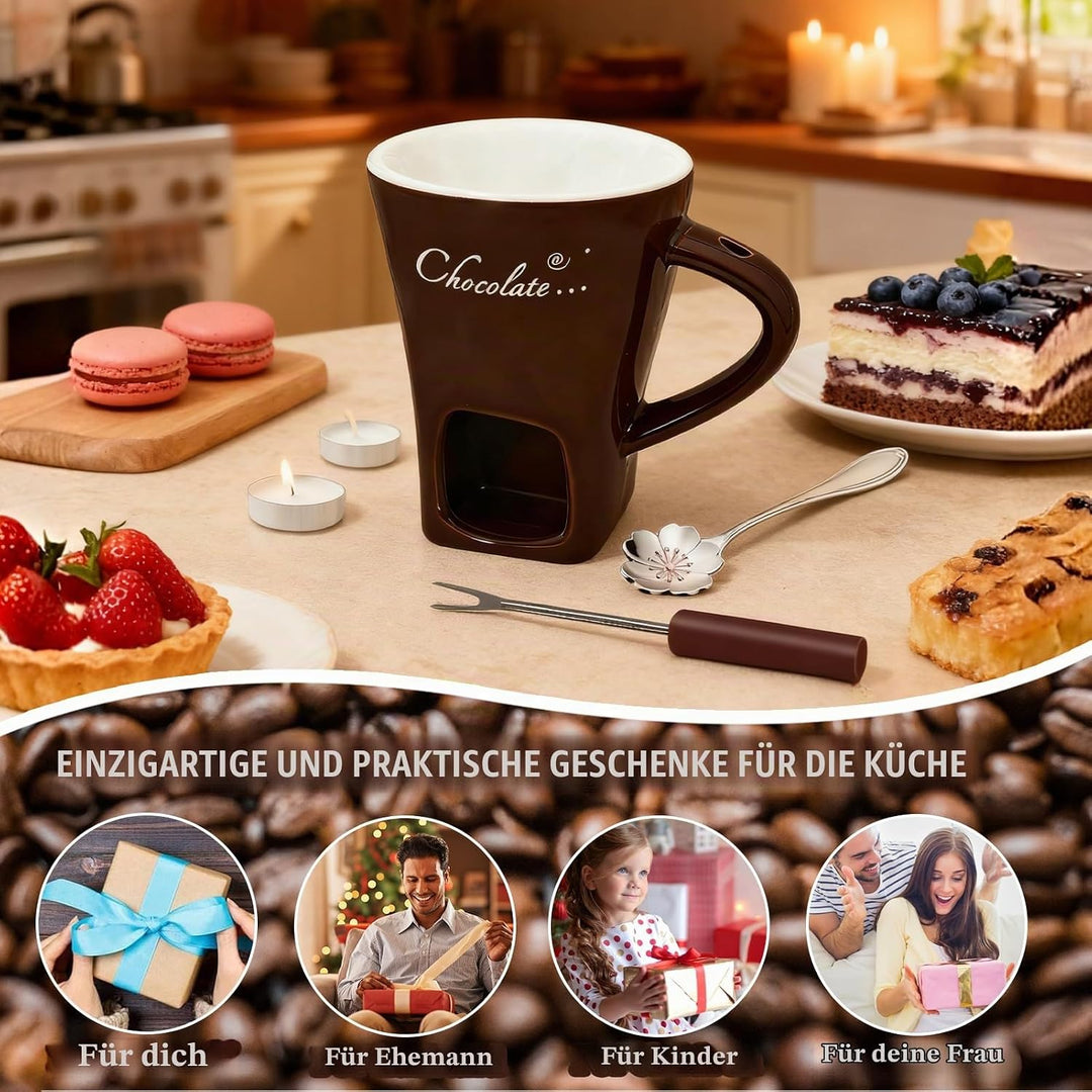 Schokofondue Tasse, 200ml Schokoladen Fondue Becher Set, Keramik Schokoladenfondue Set, mit Gabel un