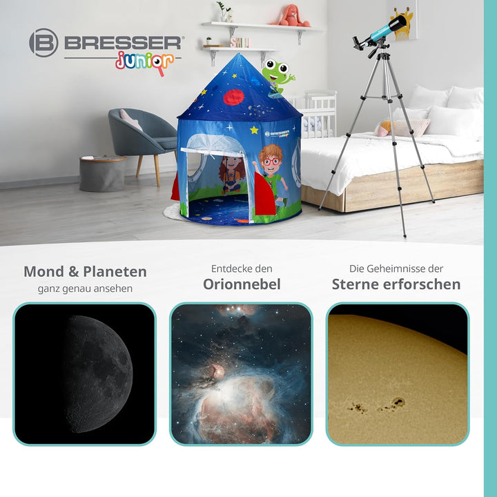 Bresser Junior Linsenteleskop 50/360 für Kinder - Astronomie Einsteigerset mit Zelt, Refraktor Teles