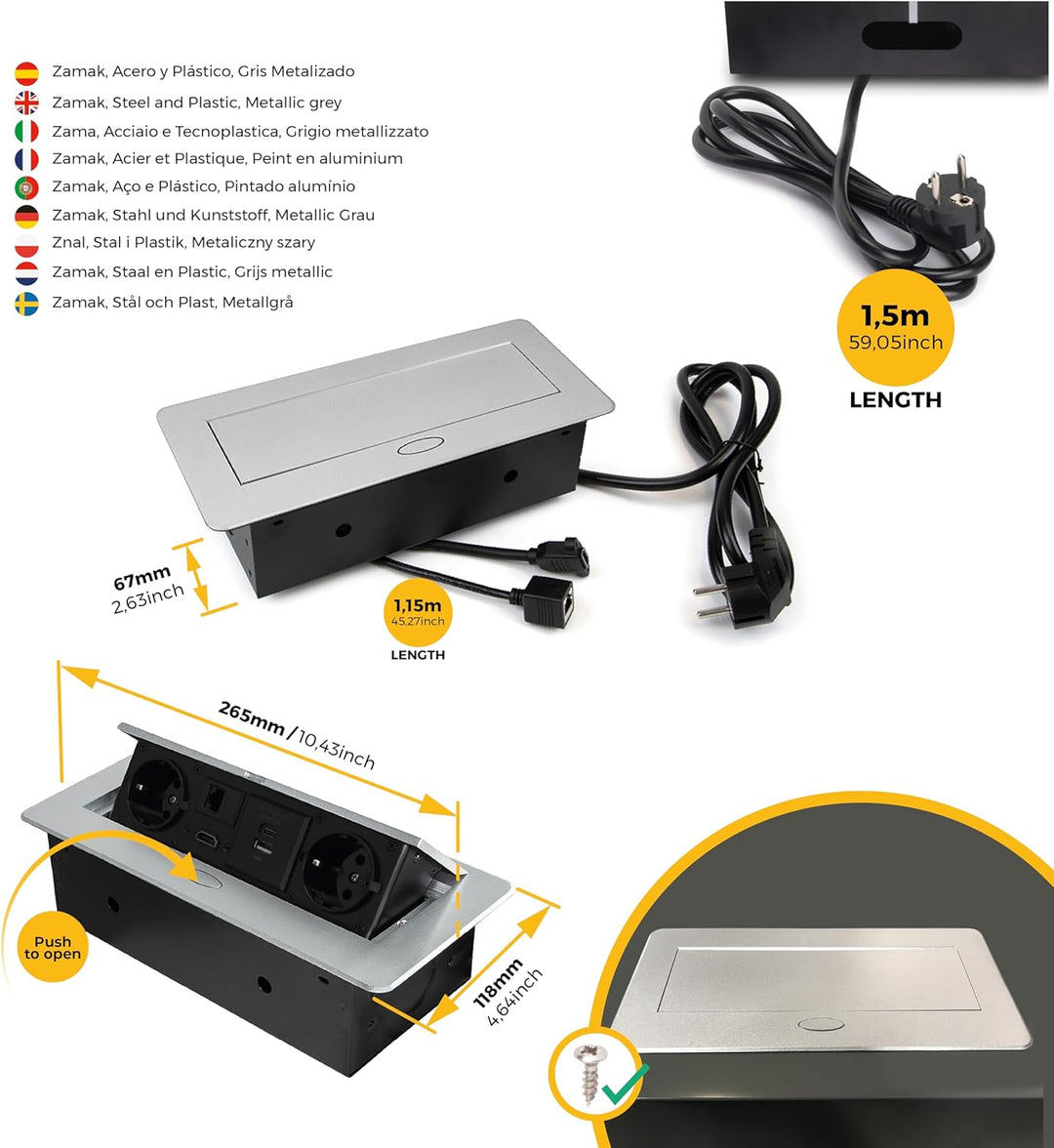 Emuca - ausziehbare und in den Tisch einlassbare Vielfachsteckerleiste, Mehrfachstecker (EU-Stecker