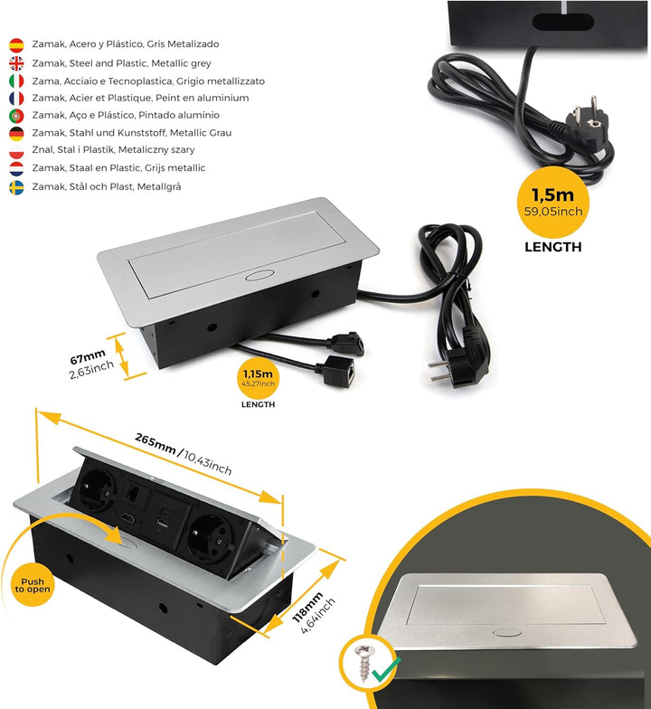 Emuca - ausziehbare und in den Tisch einlassbare Vielfachsteckerleiste, Mehrfachstecker (EU-Stecker