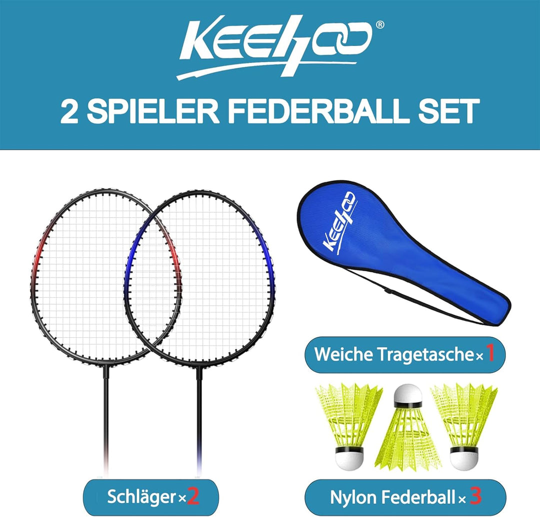 KH Federball Set Badminton Schläger Set of 2 oder 4 für Erwachsene Kinder, Schläger, Federbälle und