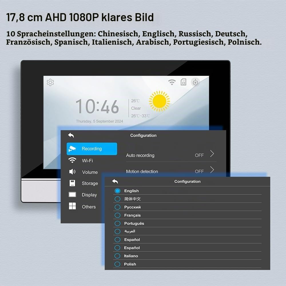 QTTYELOK WLAN Video-Sprechanlage Türklingel Kamera mit Monitor 1080P HD 7inch Verdrahtetem Farbbilds