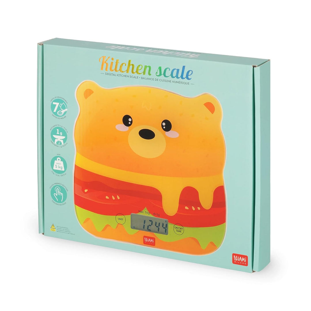 Legami - Digitale Küchenwaage, Kitchen Scale, Hamburger, 7 Masseinheiten, Touch-Tasten ON/TARE und U
