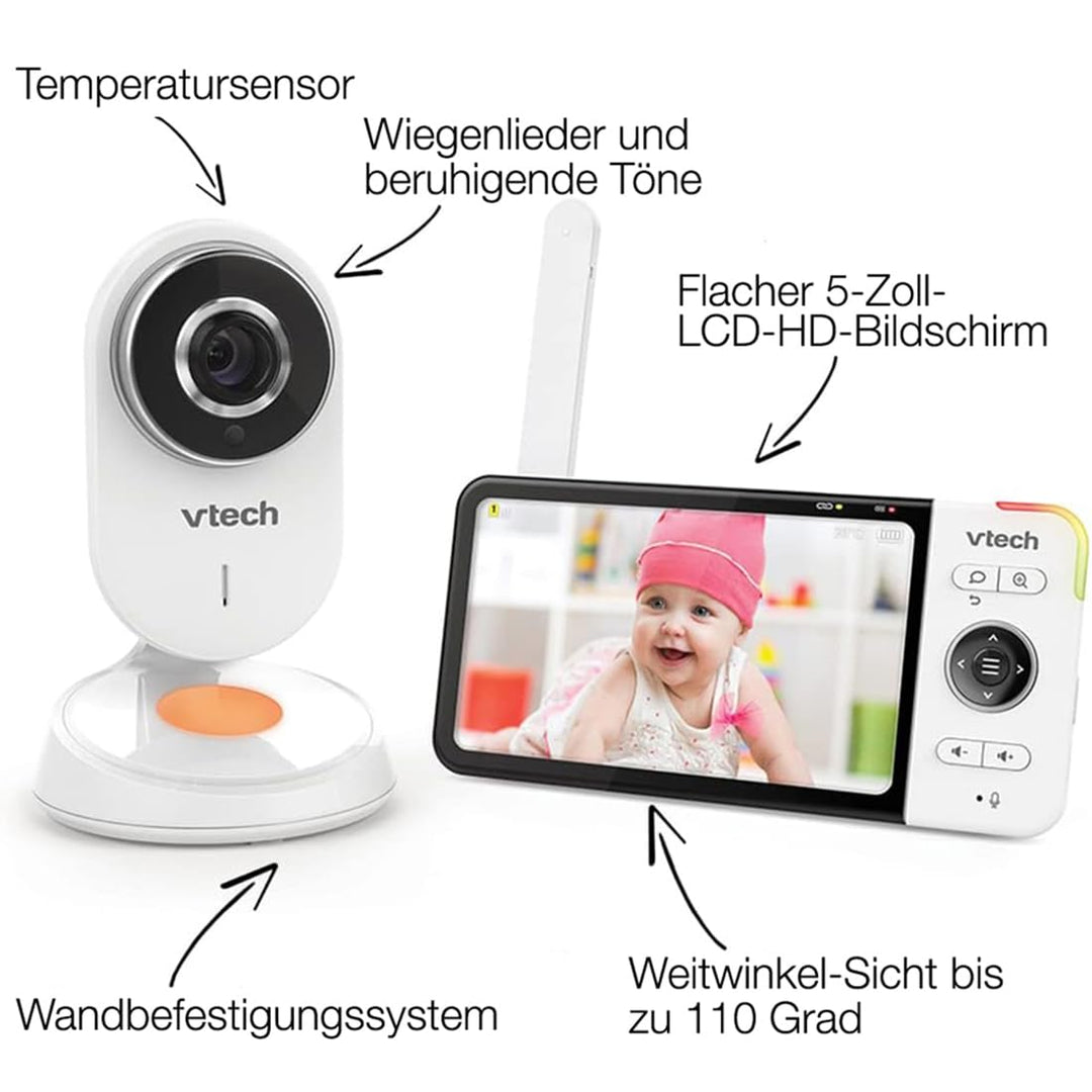 VTech - BM818 – Video-Babyphone Wide View HD – Display 5 Zoll (12,7 cm) Ultra Flach HD – Nachtlicht