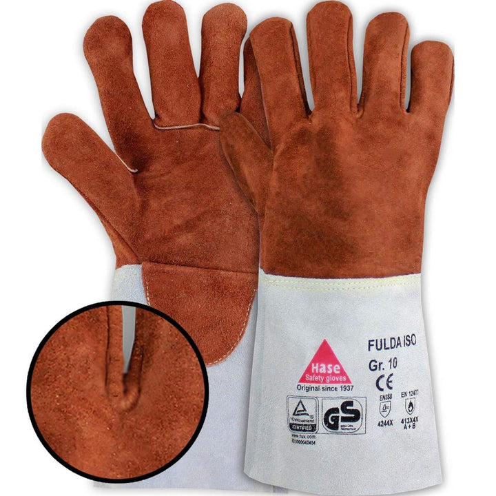 10 Paar Hase Safety Gloves Fulda-Iso Schweisserhandschuhe lang, Leder-Arbeitshandschuhe mit Stulpe G